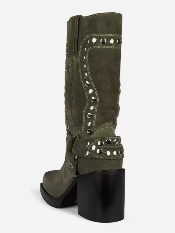 Bottes mi-mollet à clous en daim talon bloc bout rond détails de boucle