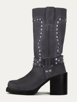 Bottes mi-mollet à clous en daim talon bloc bout rond détails de boucle