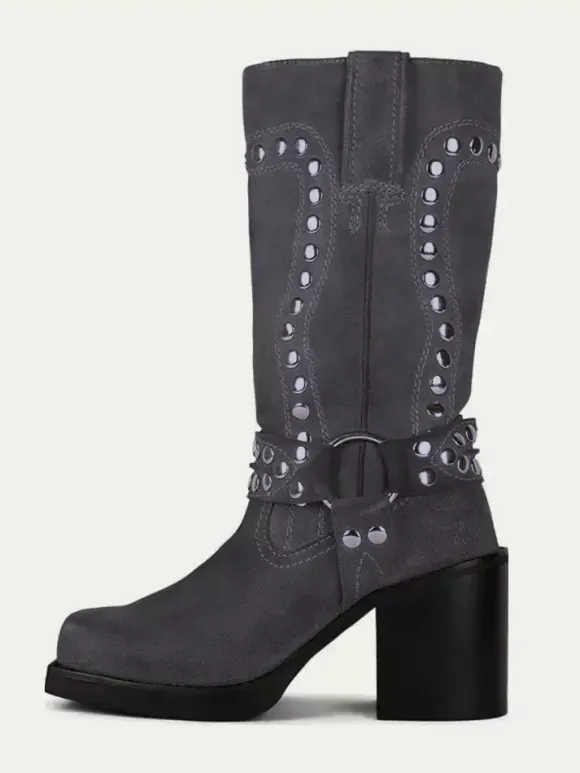 Bottes mi-mollet à clous en daim talon bloc bout rond détails de boucle