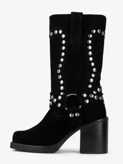 Bottes mi-mollet à clous en daim talon bloc bout rond détails de boucle