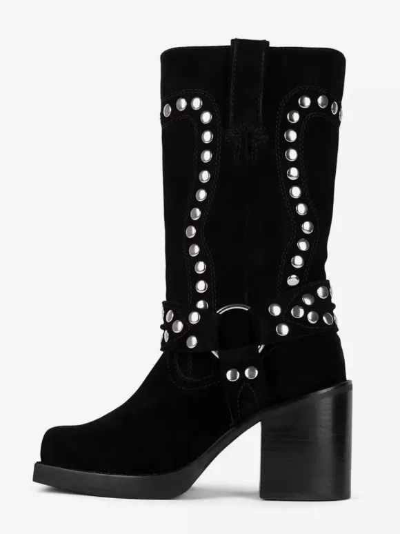 Bottes mi-mollet à clous en daim talon bloc bout rond détails de boucle