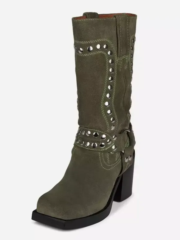 Bottes mi-mollet à clous en daim talon bloc bout rond détails de boucle