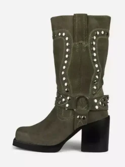 Bottes mi-mollet à clous en daim talon bloc bout rond détails de boucle