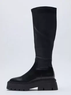 Bottes mi-mollet noires pour femmes bottes élastiques zippées à plateforme