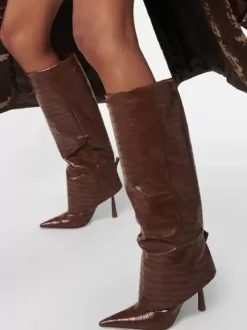 Bottes mi-mollet pour femmes bout pointu talon haut talon aiguille pliable bottes larges pour mollets