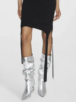 Bottes mi-mollet pour femmes  bottes souples argentées à bout pointu et à talon de forme spéciale