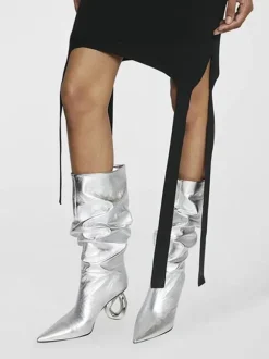 Bottes mi-mollet pour femmes  bottes souples argentées à bout pointu et à talon de forme spéciale