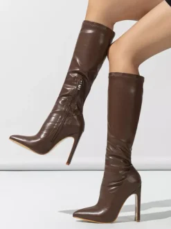 Bottes mi-mollet pour femmes en cuir PU à bout pointu et talon aiguille