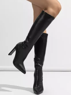 Bottes mi-mollet pour femmes en cuir PU à bout pointu et talon aiguille