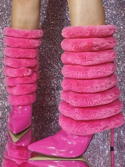 Bottes mi-mollet à talon aiguille et bout pointu en PU verni pour femmes