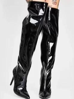 Bottes noires au-dessus du genou Bottes sexy au-dessus du genou à bout pointu en cuir PU