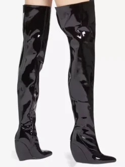 Bottes noires au-dessus du genou bottes à bout pointu et talon compensé cuissardes hautes