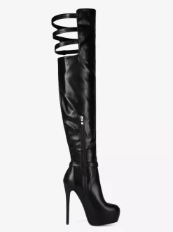 Bottes noires au-dessus du genou bottes à talons hauts avec boucle et plateforme