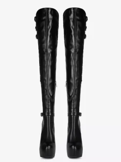 Bottes noires au-dessus du genou bottes à talons hauts avec boucle et plateforme