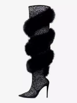 Bottes noires au-dessus du genou avec détails en fausse fourrure et talons hauts Bottes sexy au-dessus du genou