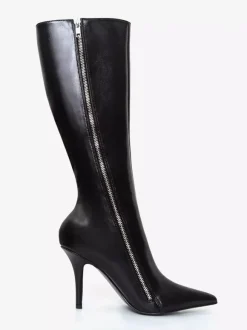 Bottes noires au genou pour femmes bottes à talons hauts à bout pointu et fermeture éclair