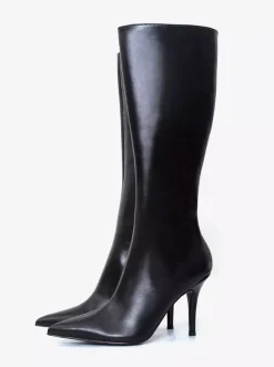 Bottes noires au genou pour femmes bottes à talons hauts à bout pointu et fermeture éclair
