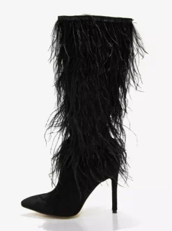 Bottes noires hautes au genou pour femmes bottes à talons aiguilles et détails en plumes longueur genou