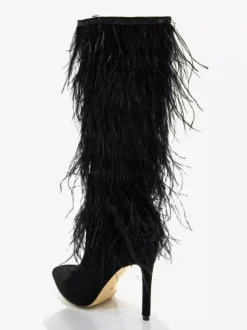 Bottes noires hautes au genou pour femmes bottes à talons aiguilles et détails en plumes longueur genou