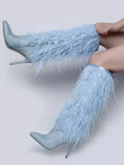 Bottes noires hautes au genou pour femmes bottes à talons aiguilles et détails en plumes longueur genou