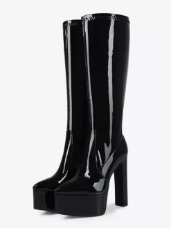 Bottes noires hautes au genou pour femmes bottes à plateforme et à talons épais pour drag queen
