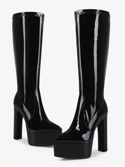 Bottes noires hautes au genou pour femmes bottes à plateforme et à talons épais pour drag queen
