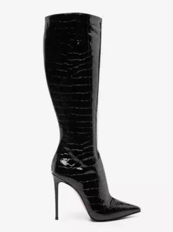 Bottes noires hautes au genou motif pierre bout pointu bottes à talons hauts