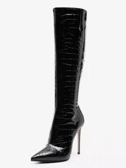 Bottes noires hautes au genou motif pierre bout pointu bottes à talons hauts