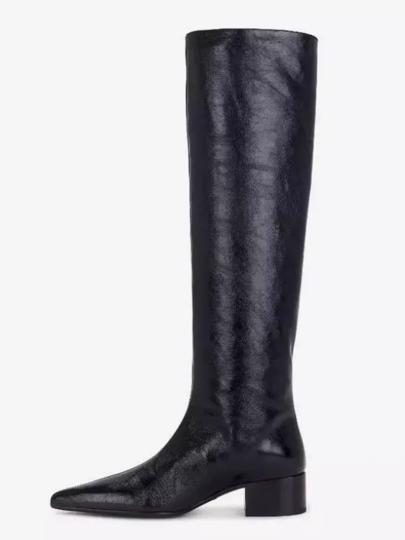 Bottes noires hautes au genou pour femmes bottes à bout pointu et talon épais longueur genou