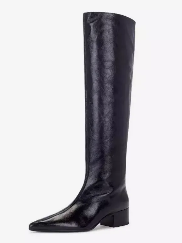 Bottes noires hautes au genou pour femmes bottes à bout pointu et talon épais longueur genou