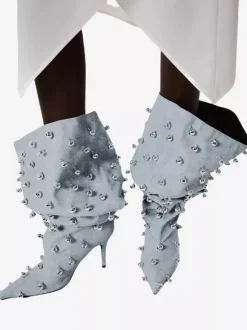 Bottes noires montantes à bout pointu et talons hauts perlés pour femmes