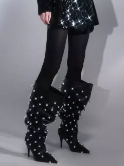 Bottes noires montantes à bout pointu et talons hauts perlés pour femmes