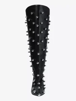 Bottes noires montantes à bout pointu et talons hauts perlés pour femmes