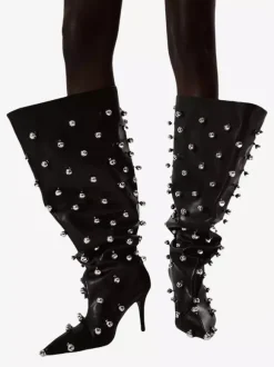 Bottes noires montantes à bout pointu et talons hauts perlés pour femmes