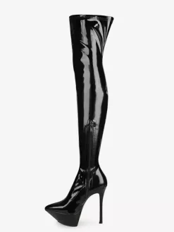 Bottes noires sexy à plateforme bout pointu et talons hauts montantes