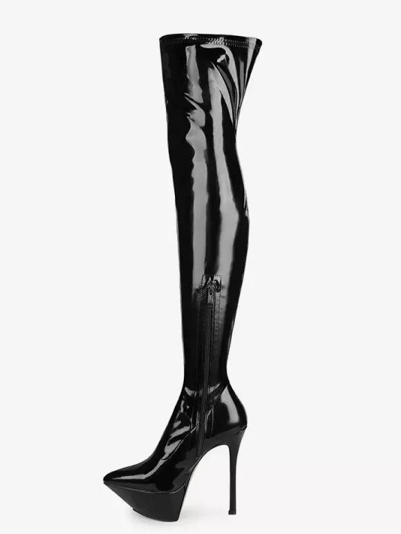 Bottes noires sexy à plateforme bout pointu et talons hauts montantes