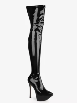 Bottes noires sexy à plateforme bout pointu et talons hauts montantes