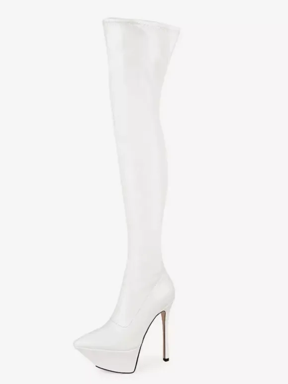 Bottes noires sexy à plateforme bout pointu et talons hauts montantes