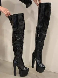 Bottes noires sexy pour femmes plateforme bout rond talon haut cuissardes