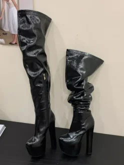 Bottes noires sexy pour femmes plateforme bout rond talon haut cuissardes