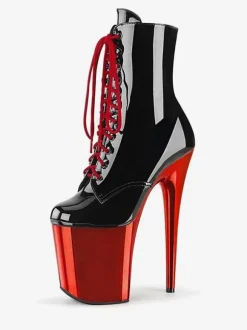 Bottes noires sexy à talons hauts plateforme à bout rond à lacets Sky High Plus Size Pole Dance Shoes