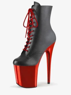 Bottes noires sexy à talons hauts plateforme à bout rond à lacets Sky High Plus Size Pole Dance Shoes