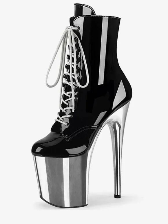 Bottes noires sexy à talons hauts plateforme à bout rond à lacets Sky High Plus Size Pole Dance Shoes