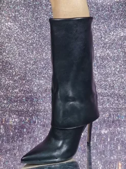 Bottes noires à talons hauts bout pointu chaussures bottine mi-mollet de grande taille