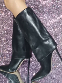 Bottes noires à talons hauts bout pointu chaussures bottine mi-mollet de grande taille