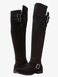 Bottes Plates En Daim Noires À Bout Rond Détail De Boucle Cuissardes