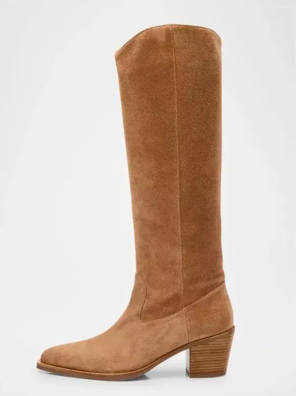 Bottes plates en daim pour femmes bottes hautes à bout pointu