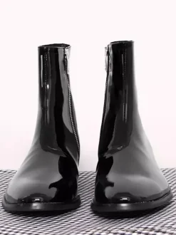 Bottes pour hommes noires vernies à bout pointu et talon bas bottes de bal à fermeture éclair en cuir