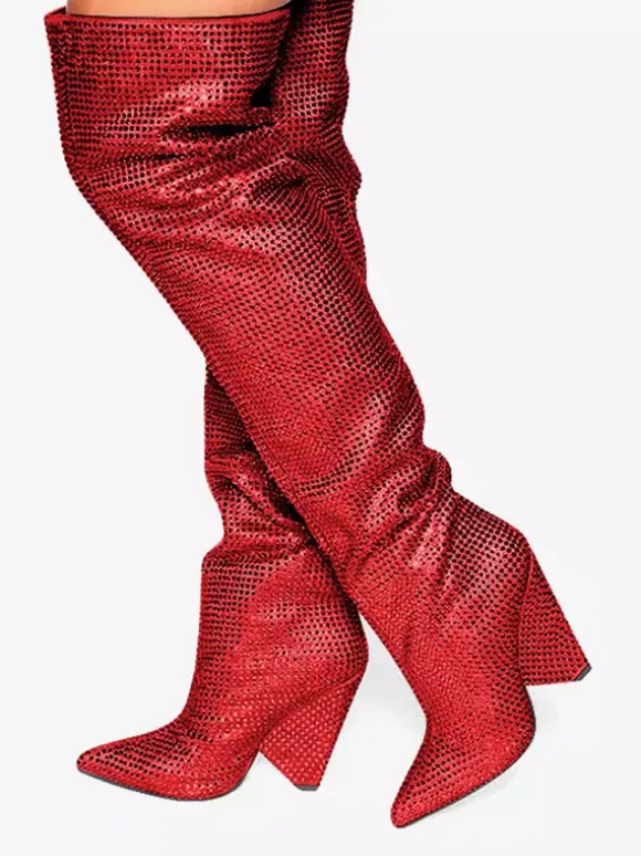 Bottes roses au-dessus du genou avec strass bout pointu talon compensé cuissardes chaussures de fête