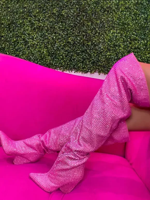 Bottes roses au-dessus du genou avec strass bout pointu talon compensé cuissardes chaussures de fête